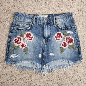 Free People Rose Embroidered Mini Denim Skirt